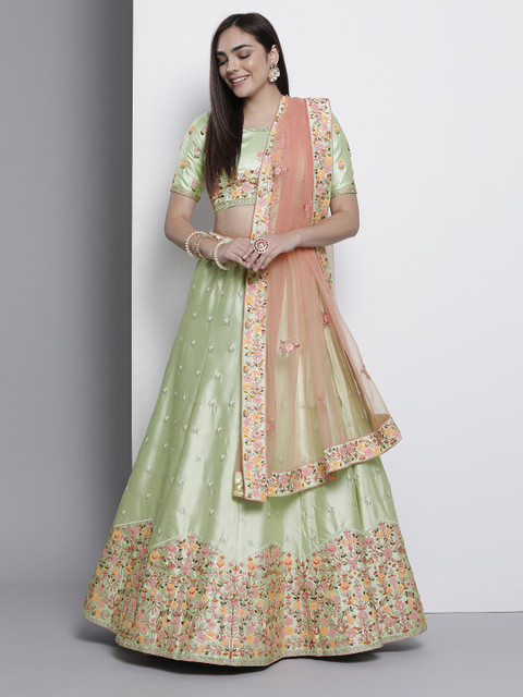 

DRESSTIVE Green & Pink Embroidered Semi-Stitched Lehenga & Unstitched Blouse With Dupatta