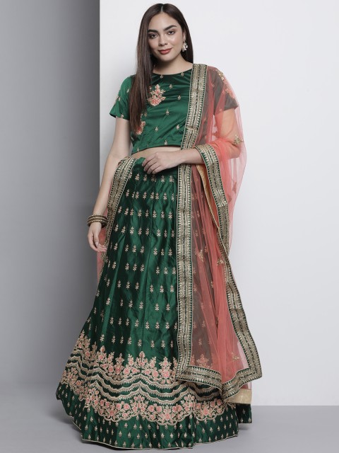 

DRESSTIVE Green Embroidered Semi-Stitched Lehenga & Unstitched Blouse With Dupatta