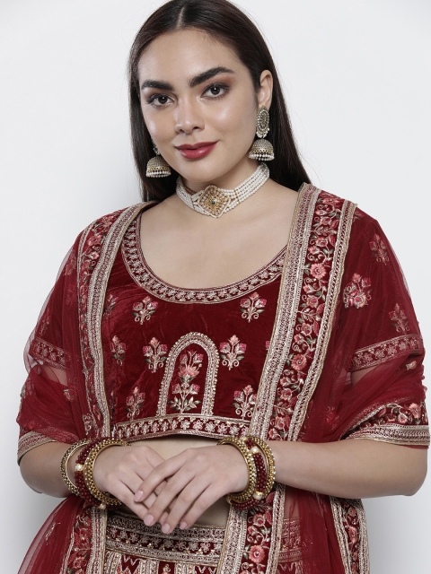 

DRESSTIVE Maroon & Gold-Toned Embroidered Semi-Stitched Lehenga & Unstitched Blouse With Dupatta