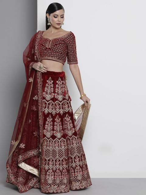

DRESSTIVE Maroon & Golden Embroidered Semi-Stitched Lehenga & Blouse With Dupatta