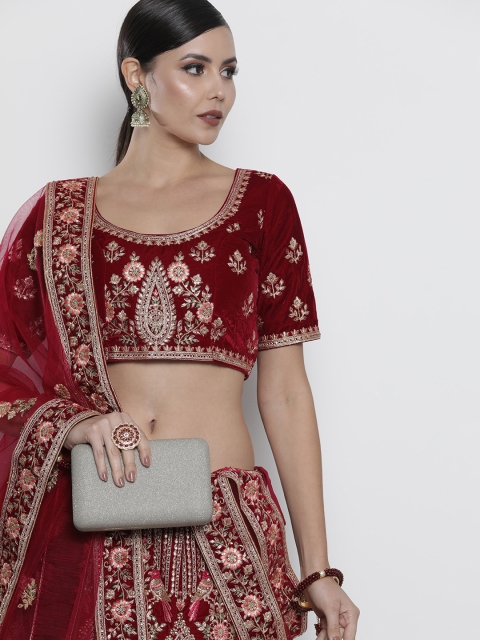 

DRESSTIVE Maroon Embroidered Semi-Stitched Lehenga & Unstitched Blouse With Dupatta