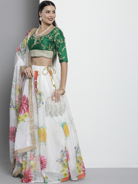 

DRESSTIVE White & Green Embroidered Sequinned Semi-Stitched Lehenga & Unstitched Blouse With Dupatta