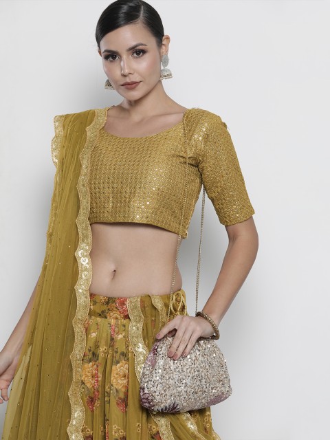 

DRESSTIVE Olive Green & Pink Embroidered Thread Work Semi-Stitched Lehenga & Unstitched Blouse With Dupatta