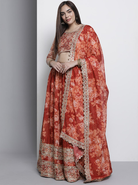 

DRESSTIVE Red & Golden Embroidered Semi-Stitched Lehenga & Unstitched Blouse With Dupatta