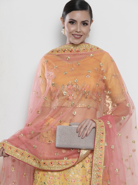 

DRESSTIVE Mustard Yellow Embroidered Semi-Stitched Lehenga & Unstitched Blouse & Dupatta