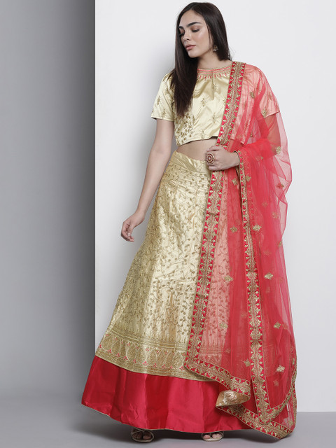 

DRESSTIVE Beige & Red Embroidered Semi-Stitched Lehenga & Unstitched Blouse With Dupatta