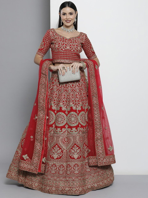 

DRESSTIVE Red & Golden Embroidered Semi-Stitched Lehenga & Unstitched Blouse With Dupatta