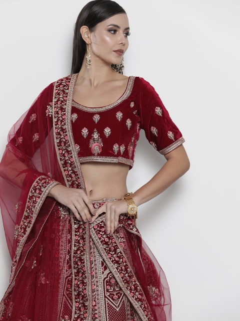 

DRESSTIVE Maroon Embroidered Semi-Stitched Lehenga & Unstitched Blouse With Dupatta