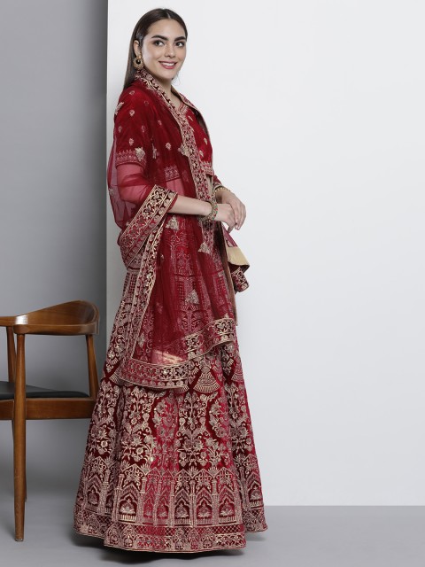 

DRESSTIVE Maroon & Gold-Toned Embroidered Semi-Stitched Lehenga & Unstitched Blouse With Dupatta
