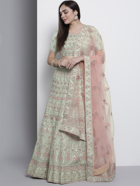 

DRESSTIVE Green & Pink Embroidered Semi-Stitched Lehenga & Unstitched Blouse With Dupatta