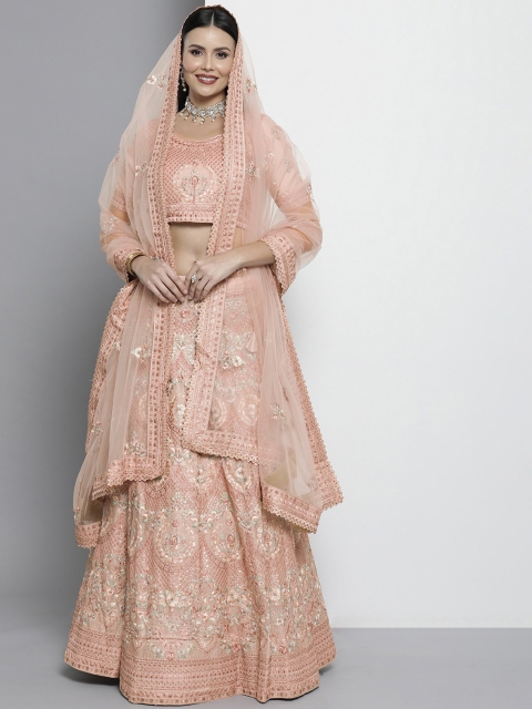 

DRESSTIVE Peach-Coloured & Gold-Toned Embroidered Sequinned Semi-Stitched Lehenga & Unstitched Blouse With