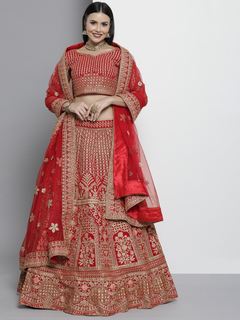 

DRESSTIVE Red & Golden Embroidered Semi-Stitched Lehenga & Unstitched Blouse With Dupatta