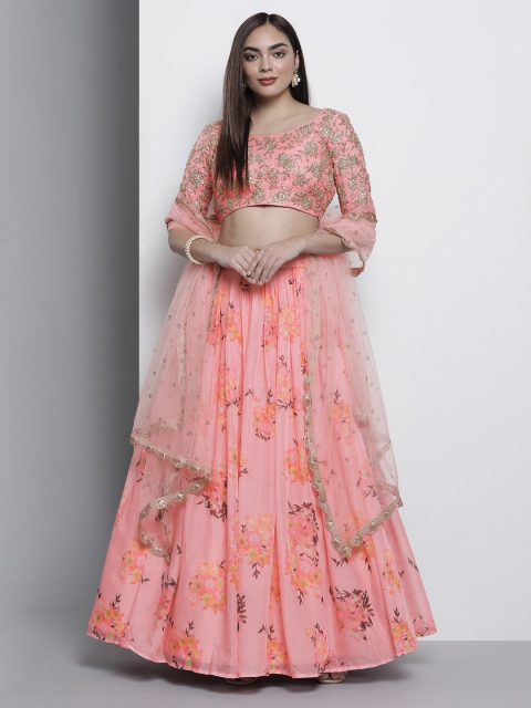 

DRESSTIVE Pink Embroidered Semi-Stitched Lehenga & Unstitched Blouse With Dupatta