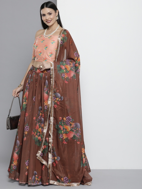 

DRESSTIVE Brown & Peach-Coloured Embroidered Sequinned Semi-Stitched Lehenga & Unstitched Blouse With