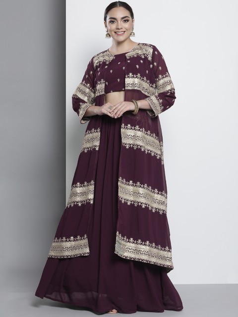 

DRESSTIVE Burgundy Embroidered Semi-Stitched Lehenga & Unstitched