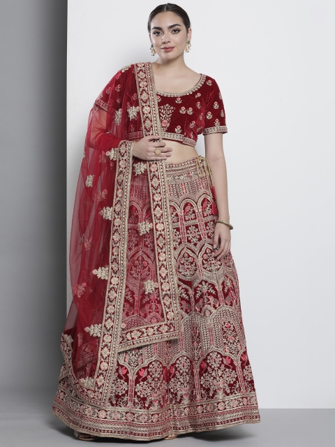 

DRESSTIVE Maroon & Gold-Toned Embroidered Semi-Stitched Lehenga & Unstitched Blouse With Dupatta