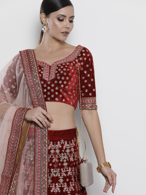 

DRESSTIVE Maroon Embroidered Semi-Stitched Lehenga & Unstitched Blouse With Dupatta