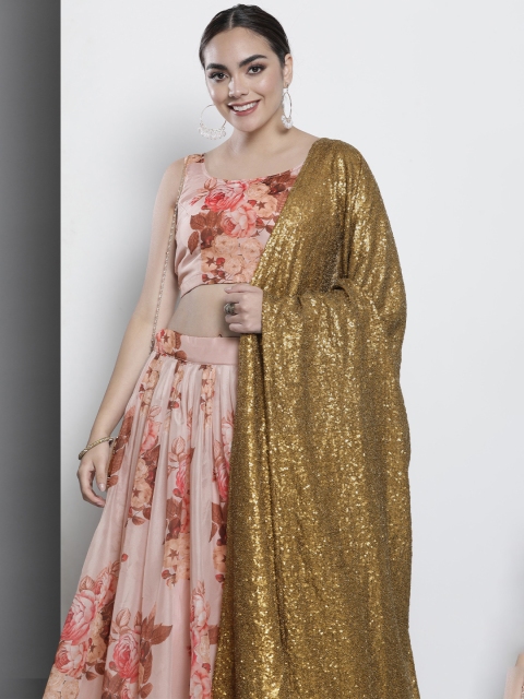 

DRESSTIVE Peach-Coloured Printed Semi-Stitched Lehenga & Unstitched Blouse with Dupatta