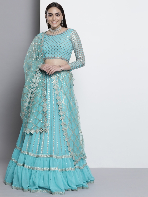 

DRESSTIVE Turquoise Blue Embroidered Sequinned Semi-Stitched Lehenga & Unstitched Blouse With Dupatta