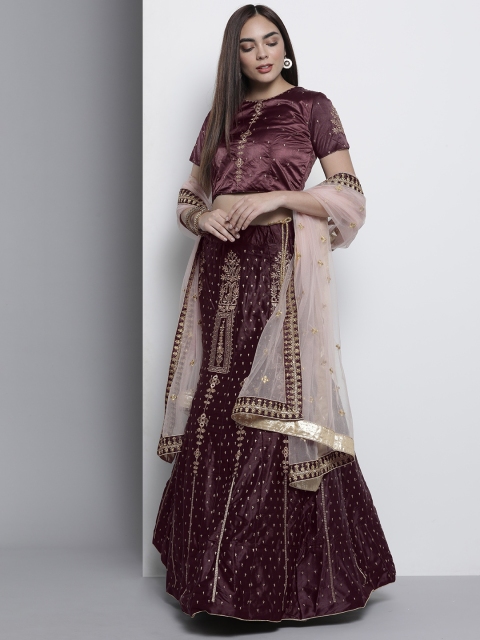 

DRESSTIVE Brown Embroidered Semi-Stitched Lehenga & Unstitched Blouse With Dupatta