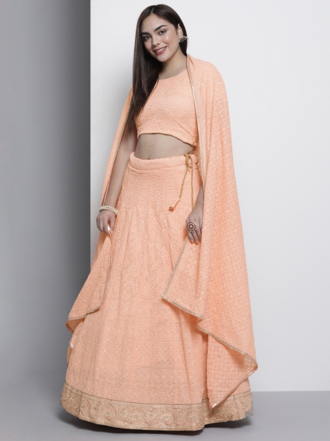 

DRESSTIVE Peach-Coloured Embroidered Semi-Stitched Lehenga & Unstitch Blouse With Dupatta