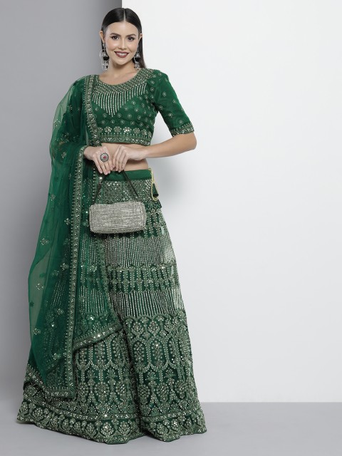 

DRESSTIVE Green & Gold-Toned Embroidered Mirror Work Semi-Stitched Lehenga & Unstitched Blouse With Dupatta