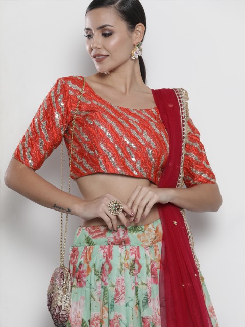 

DRESSTIVE Green & Orange Embroidered Semi-Stitched Lehenga & Unstitched Blouse & Dupatta