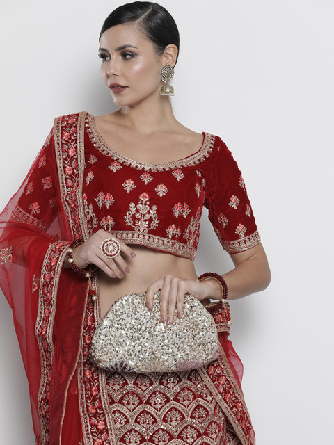 

DRESSTIVE Maroon Embroidered Semi-Stitched Lehenga & Unstitched Blouse With Dupatta