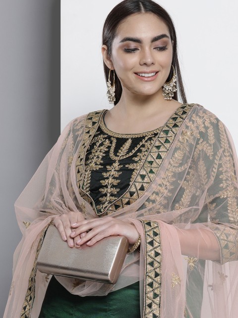 

DRESSTIVE Green & Golden Embroidered Semi-Stitched Lehenga & Unstitched Blouse & Dupatta