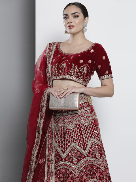 

DRESSTIVE Maroon Embroidered Semi-Stitched Lehenga & Unstitched Blouse With Dupatta