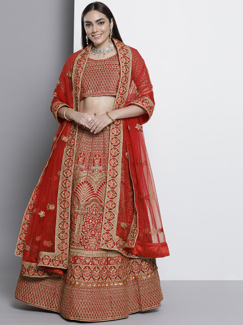 

DRESSTIVE Red Embroidered Semi-Stitched Lehenga & Unstitched Blouse With Dupatta