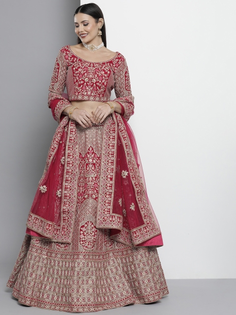 

DRESSTIVE Red Embroidered Semi-Stitched Lehenga & Unstitched Blouse With Dupatta