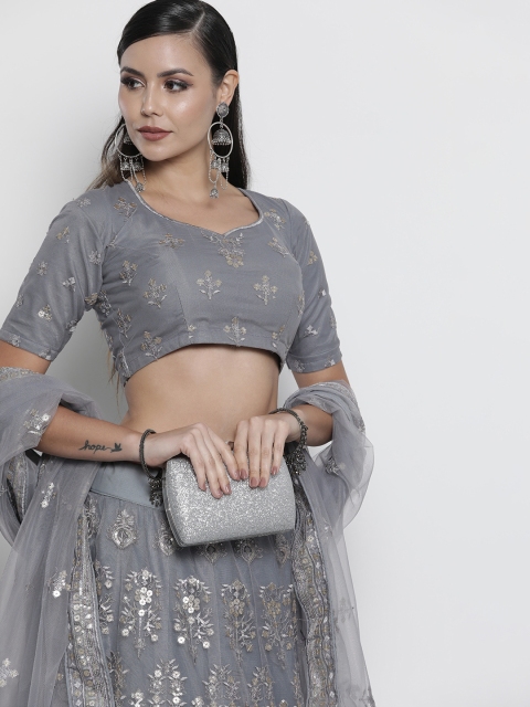 

DRESSTIVE Grey & Golden Embroidered Semi-Stitched Lehenga & Unstitched Blouse With Dupatta