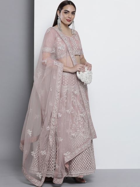 

DRESSTIVE Mauve & White Embroidered Sequinned Semi-Stitched Lehenga & Unstitched Blouse With Dupatta