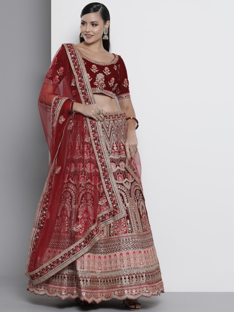 

DRESSTIVE Maroon & Gold-Toned Embroidered Semi-Stitched Lehenga & Unstitched Blouse With Dupatta
