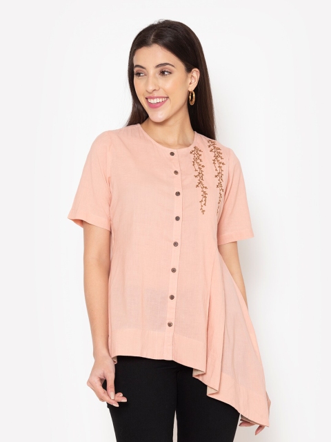 

Ekmatra Women Pink Embroidered Pure Cotton Shirt Style Asymmetric Top
