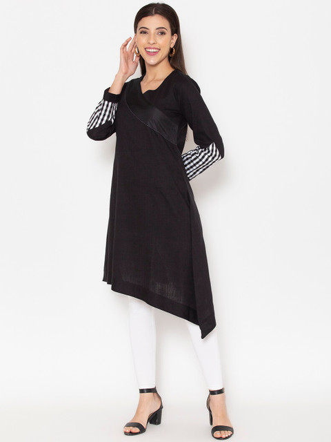 

Ekmatra Women Black Solid Thread Work Cotton Khadi Handloom Kurta