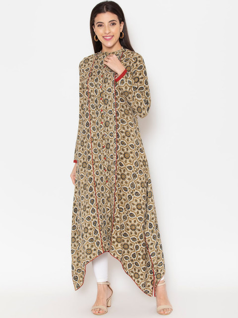 

Ekmatra Women Cram-Coloured & Mustard Yellow Ajrakh Printed Asymmetric Cotton A-line Kurta, Cream