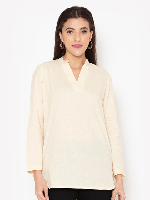 

Ekmatra Off White Solid Band Collar Shirt Style Pure Cotton Top