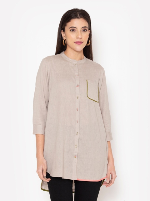 

Ekmatra Beige Pure Cotton High-Low Longline Shirt-Style Top