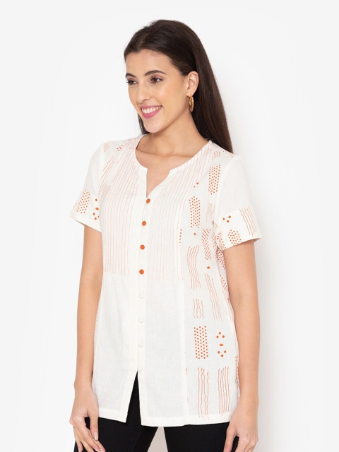 

Ekmatra White & Orange Hand Embroidered Placement Print Top