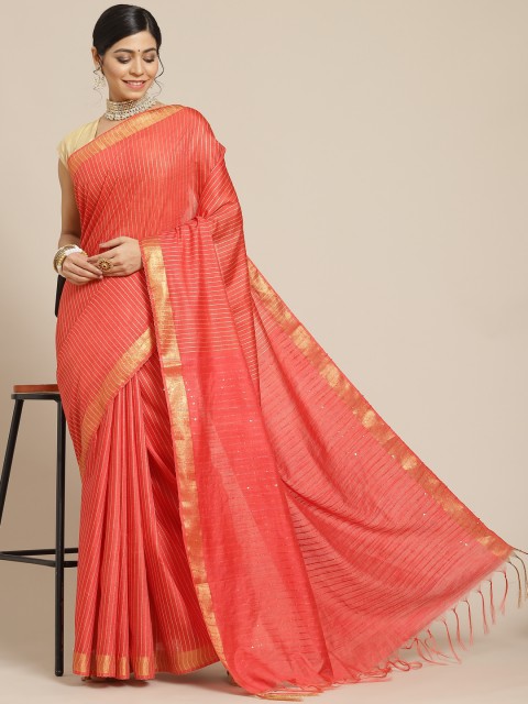 

BharatSthali Red Striped Sequinned Silk Cotton Maheshwari Saree