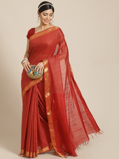 

BharatSthali Maroon Striped Sequinned Silk Cotton Maheshwari Saree