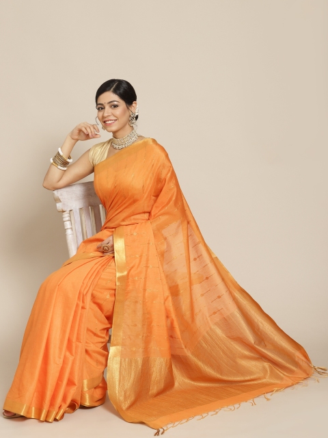 

BharatSthali Orange Woven Design Silk Cotton Maheshwari Saree