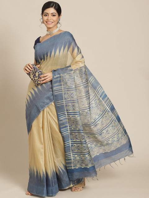

BharatSthali Beige & Blue Silk Cotton Sambalpuri Saree