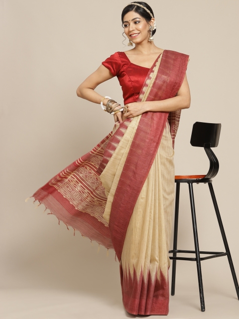 

BharatSthali Beige & Maroon Silk Cotton Sambalpuri Saree