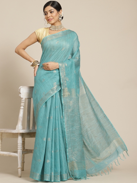 

BharatSthali Teal Woven Design Silk Cotton Maheshwari Saree