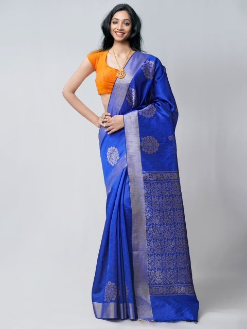 

Unnati Silks Blue & Silver-Toned Woven Design Zari Linen Blend Jamdani Saree