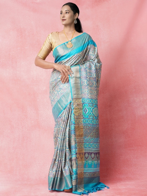 

Unnati Silks Blue & Gold-Toned Ethnic Motifs Zari Pure Silk Tussar Saree