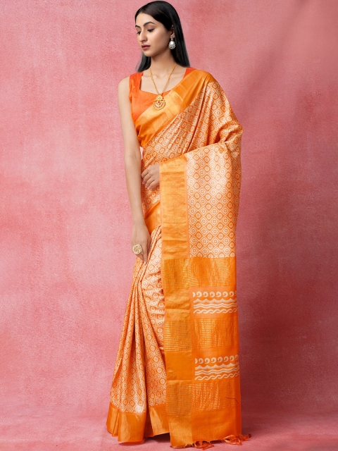 

Unnati Silks Orange & Silver-Toned Ethnic Motifs Zari Handloom Pure Silk Tussar Saree